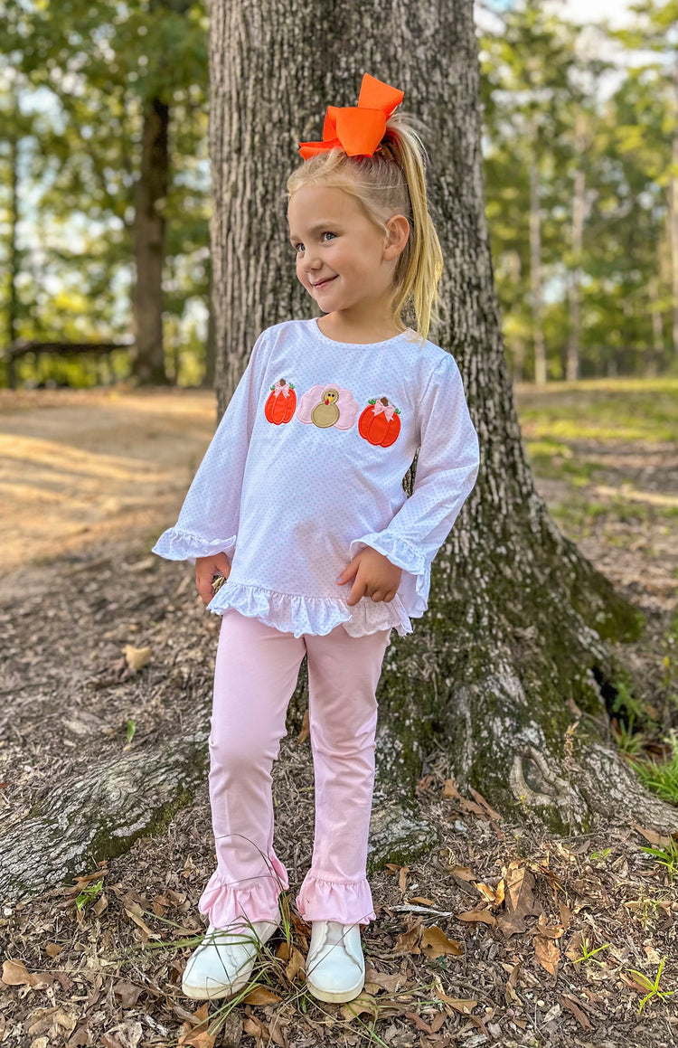 Girls Pink Dot Turkey Pumpkin Appliqué Pant Set