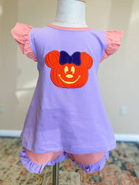 Girls Appliqué Jack-o’-lantern Mouse Ruffle Short Set