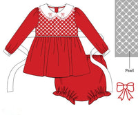 PRE ORDER Girls Smocked Pearl Christmas Bows Bloomer Set & Dress | ETA to LBS: OCTOBER