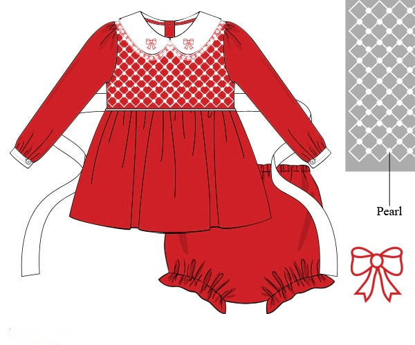 PRE ORDER Girls Smocked Pearl Christmas Bows Bloomer Set & Dress | ETA to LBS: OCTOBER