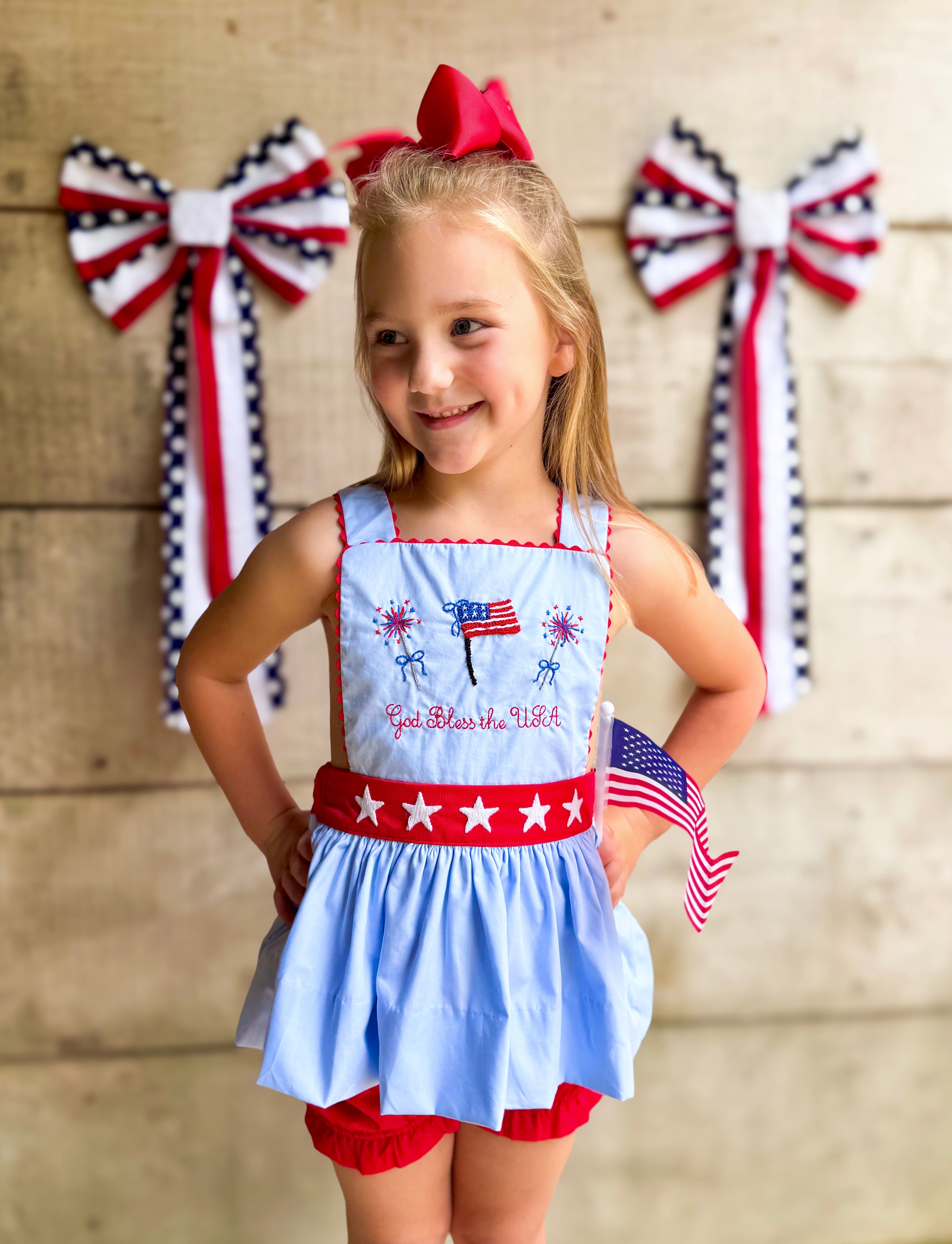 Girls French Knot God Bless the USA Bubble Bloomer Set