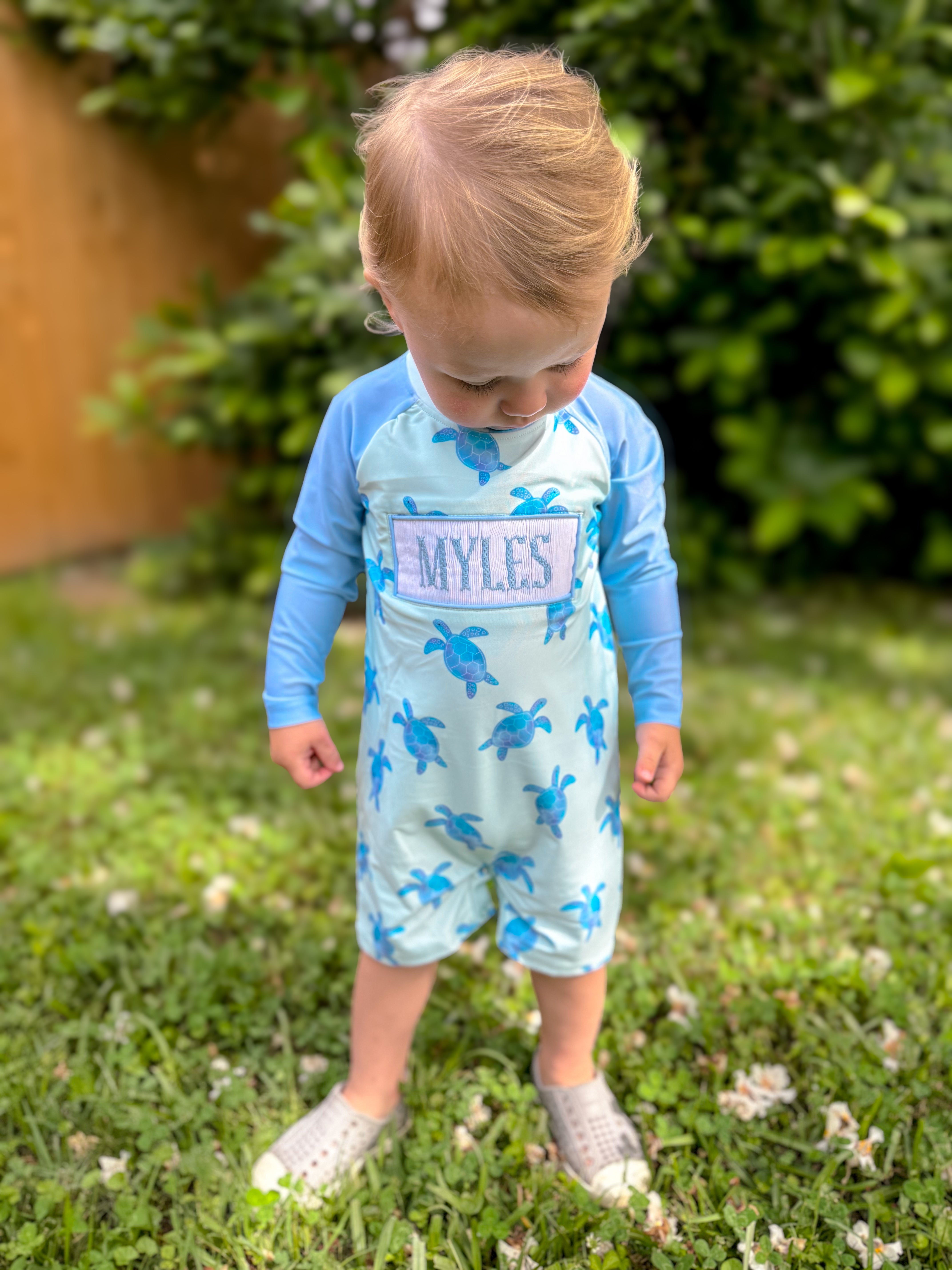 Boys Smock “CATCHIN WAVES” Sea Turtle One-Piece Rash-Guard Swimsuit UPF 50+