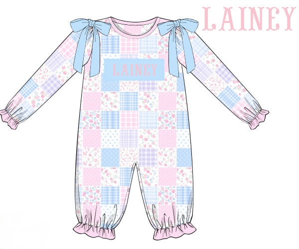 PRE ORDER Girls Custom Smock Patchwork Garden Long Romper | ETA to LBS: DECEMBER