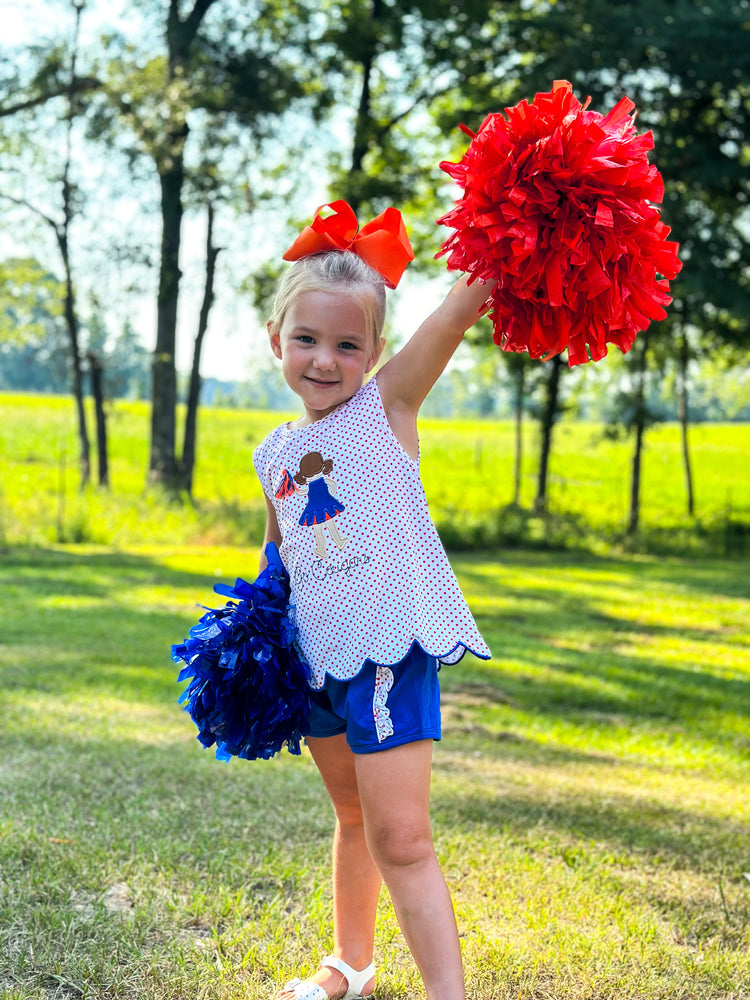 Girls Royal Blue and Orange Cheerleader Short Set (cheerleader only)