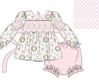Girls Pink & Green Toile Smocked Bloomer Set