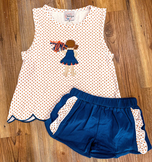 Girls Navy and Orange Cheerleader Short Set (cheerleader only)