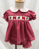 Maroon Smocked Footballs and Bows Bloomer Set