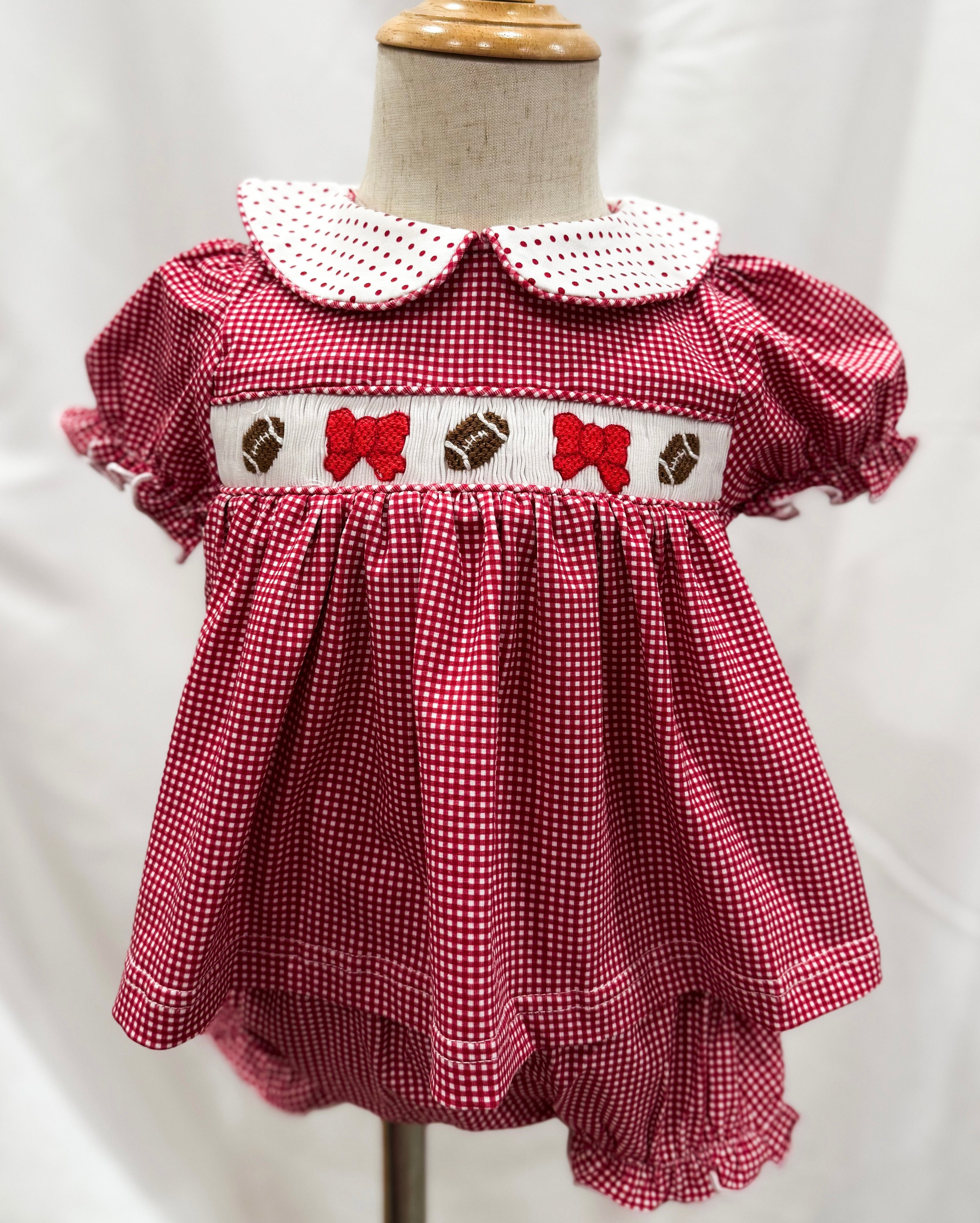 Maroon Smocked Footballs and Bows Bloomer Set