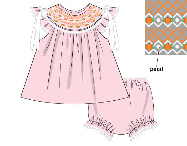 PRE ORDER Girls Heirloom Smocked Pearl Pumpkins Bloomer Set & Dress | ETA to LBS: SEPTEMBER
