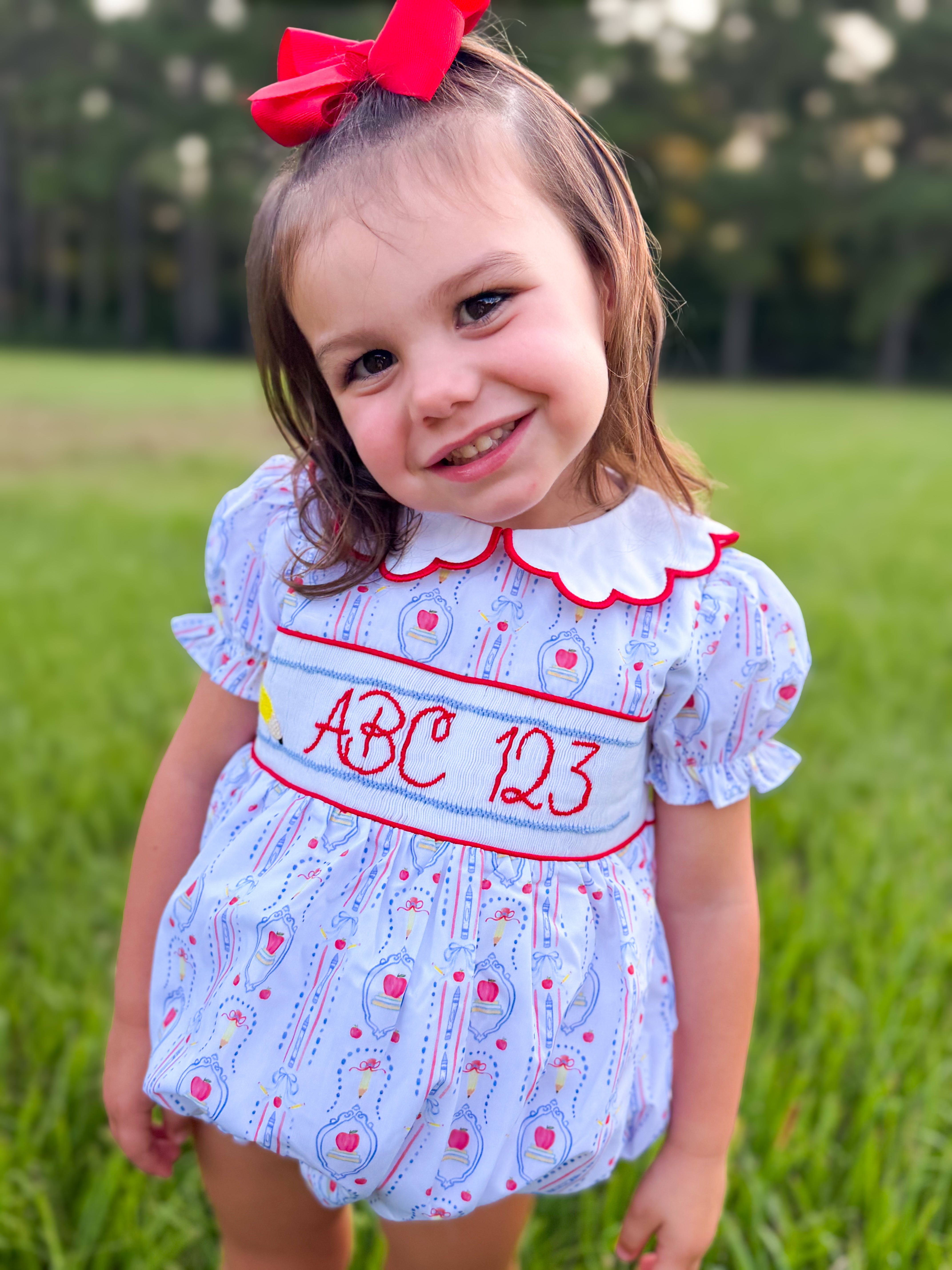 Girls “ABC 123” Smocked School Day Cutie Bubble