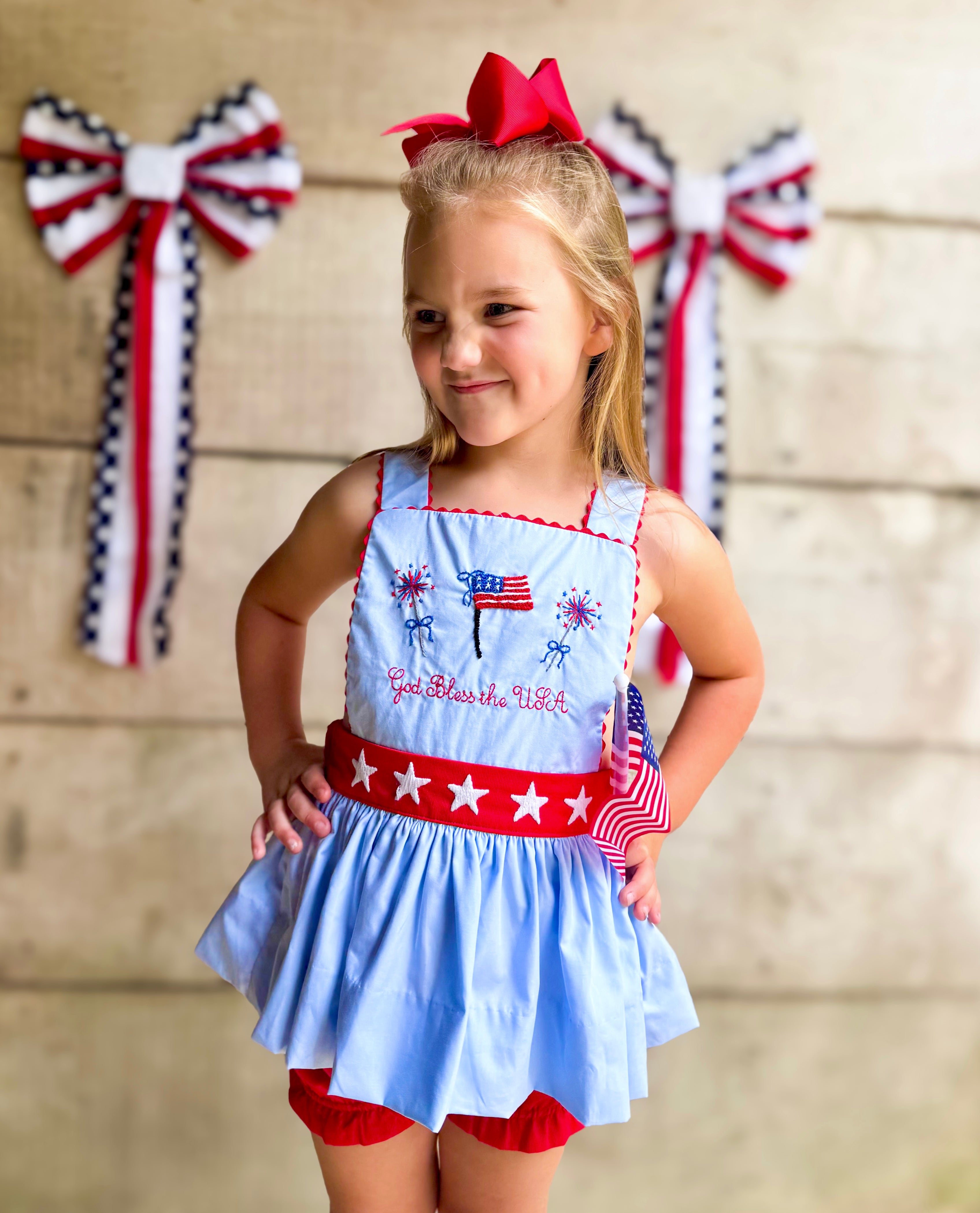 Girls French Knot God Bless the USA Bubble Bloomer Set