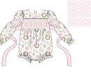 Girls Pink & Green Toile Smocked Bubble