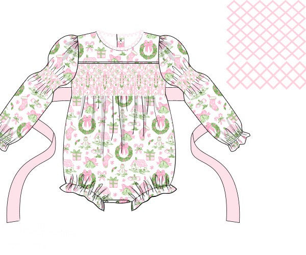 Girls Pink & Green Toile Smocked Bubble