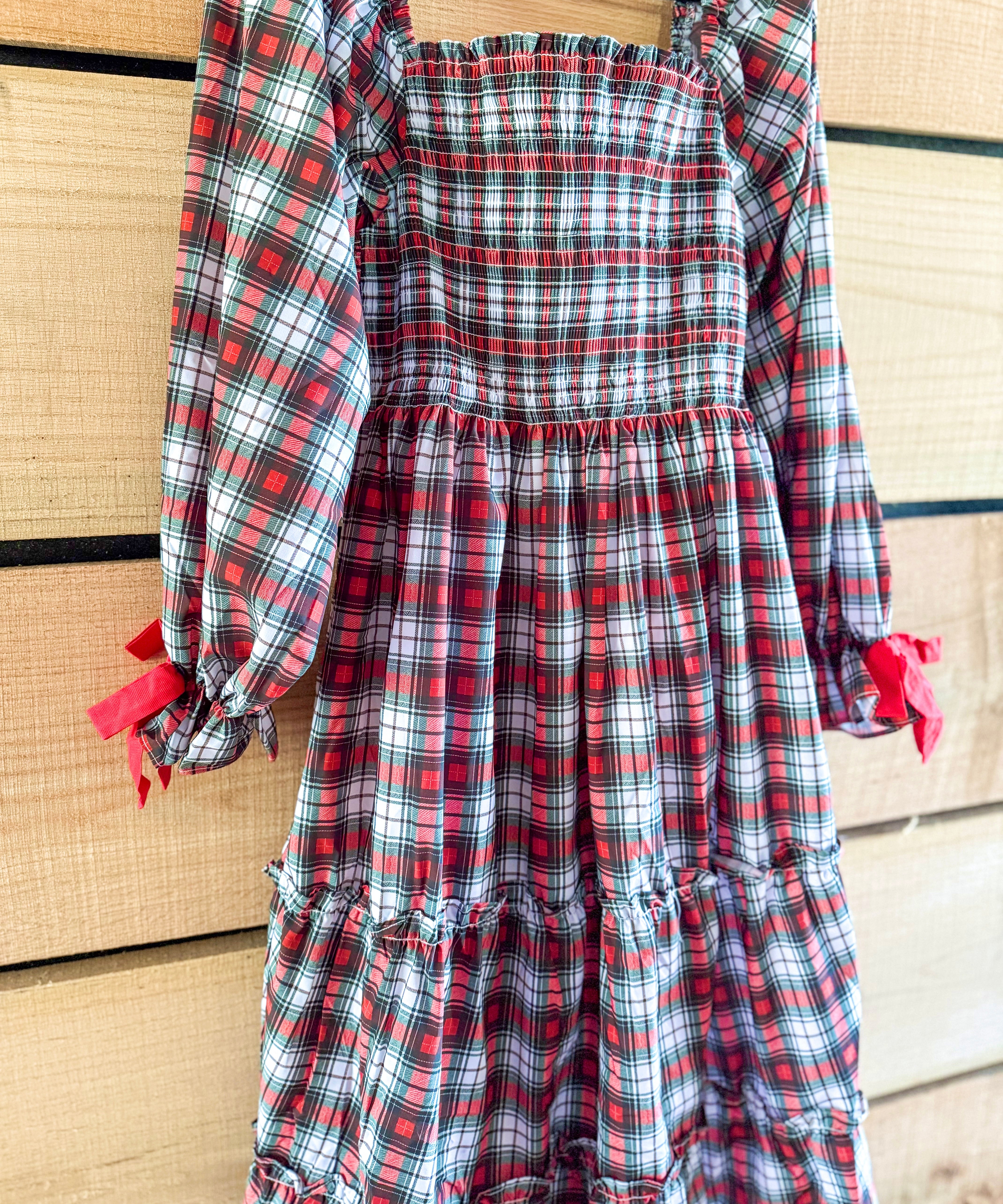 Womens Tartan Plaid Smocked Dress