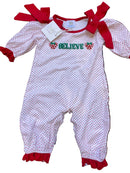 Girls “I Believe” French Knot Peppermint Mouse Long Romper