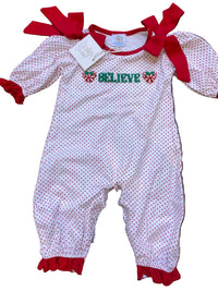 Girls “I Believe” French Knot Peppermint Mouse Long Romper