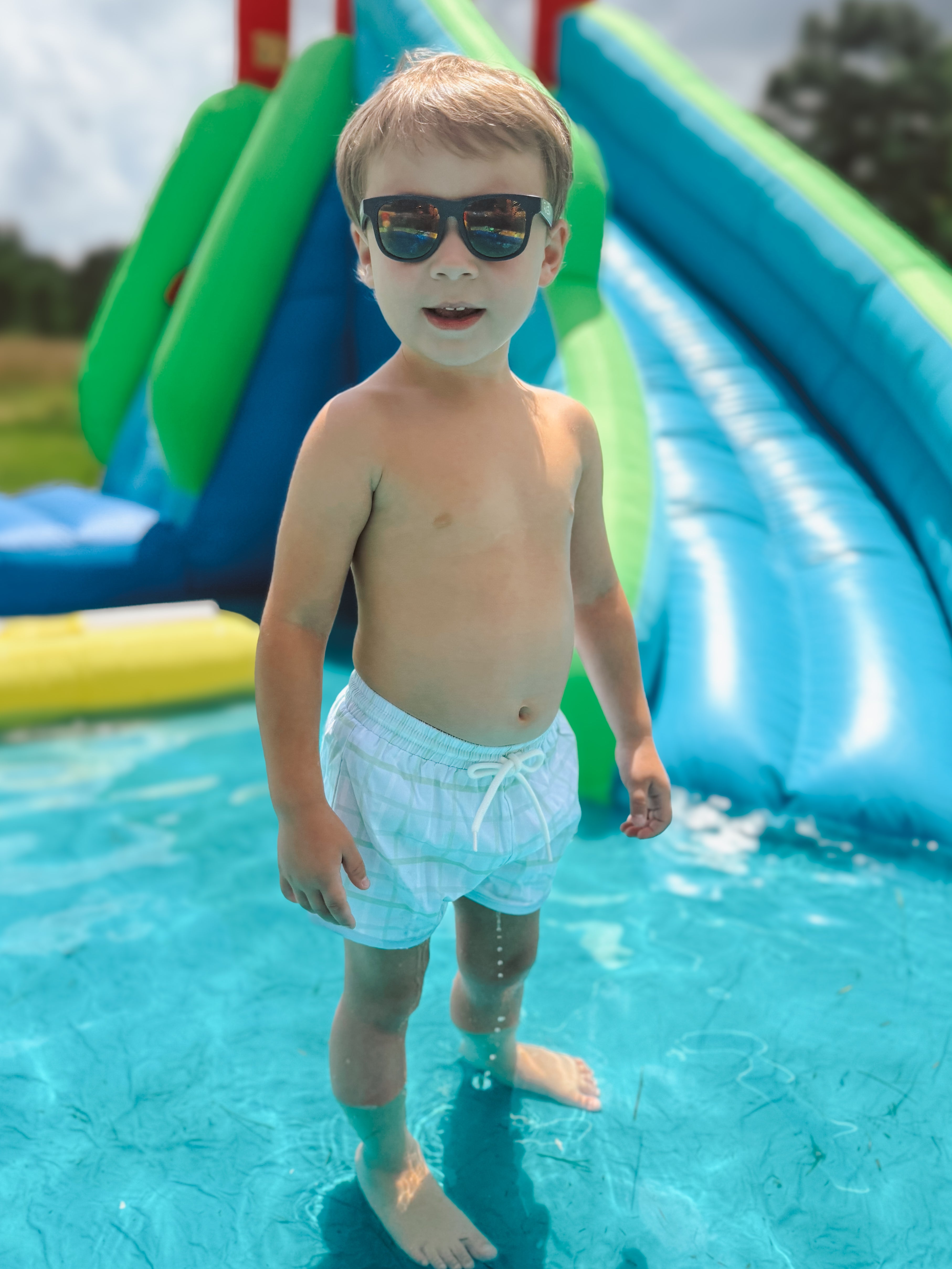 Boys Mint Plaid Swim Trunks