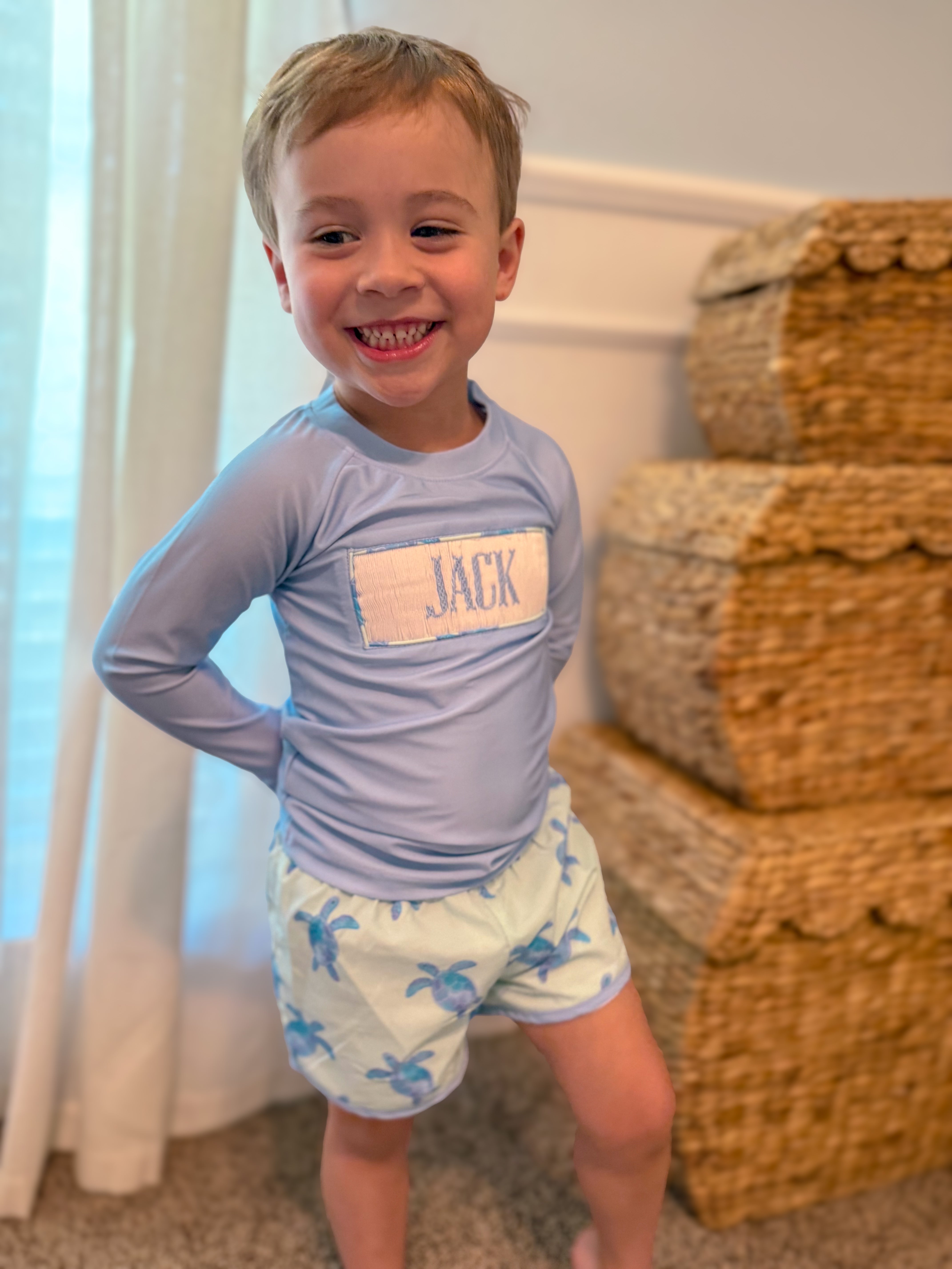 Smocked “CATCHIN WAVES” Boys 2 Piece Sea Turtle Swimsuit
