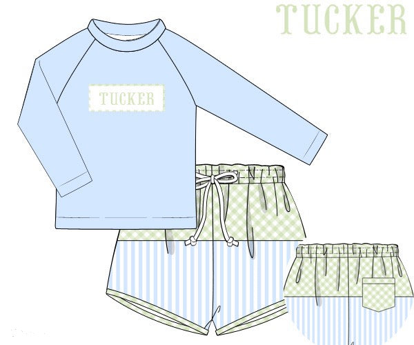 PRE ORDER Boys Name Smocked Striped Rash-guard 2 Piece Swimsuit UPF 50+ | ETA to LBS: March