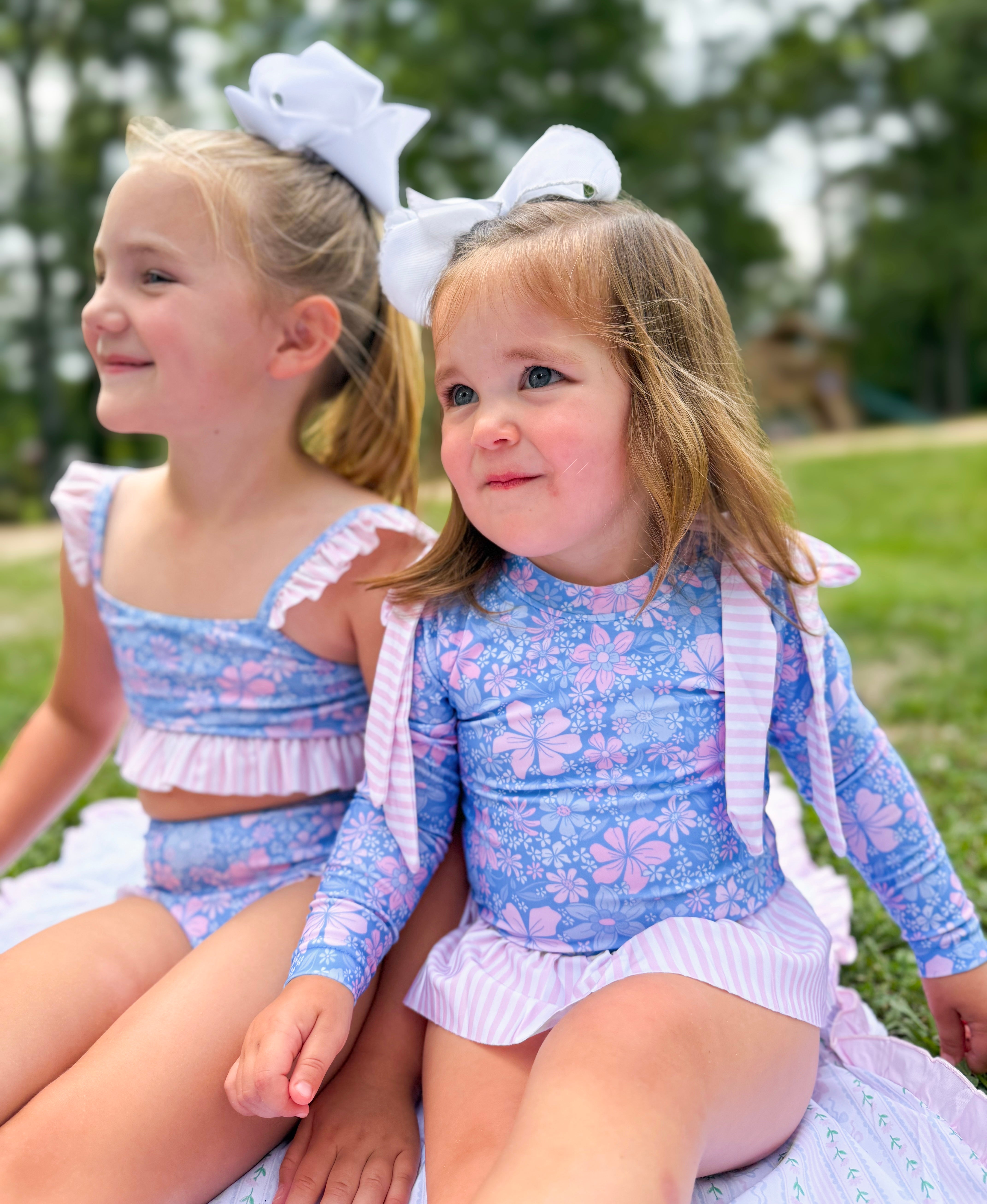 Girls Blooming Blues Long Sleeve Rashguard Swimsuit- UPF 50+