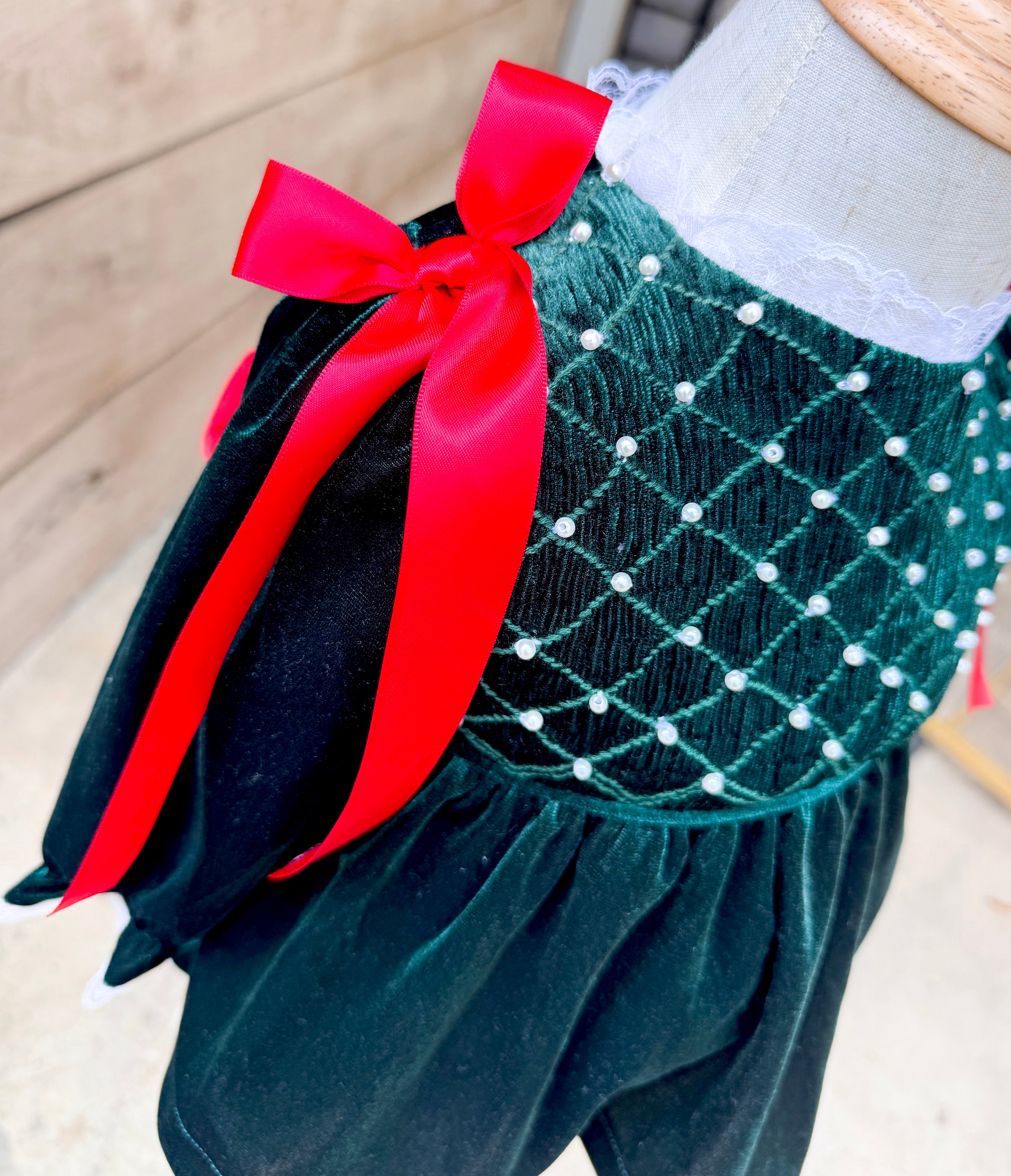 Girls Green Velvet Smocked Dress