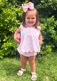 Girls “LITTLE SISTER” Smocked Pink Gingham Bloomer Set