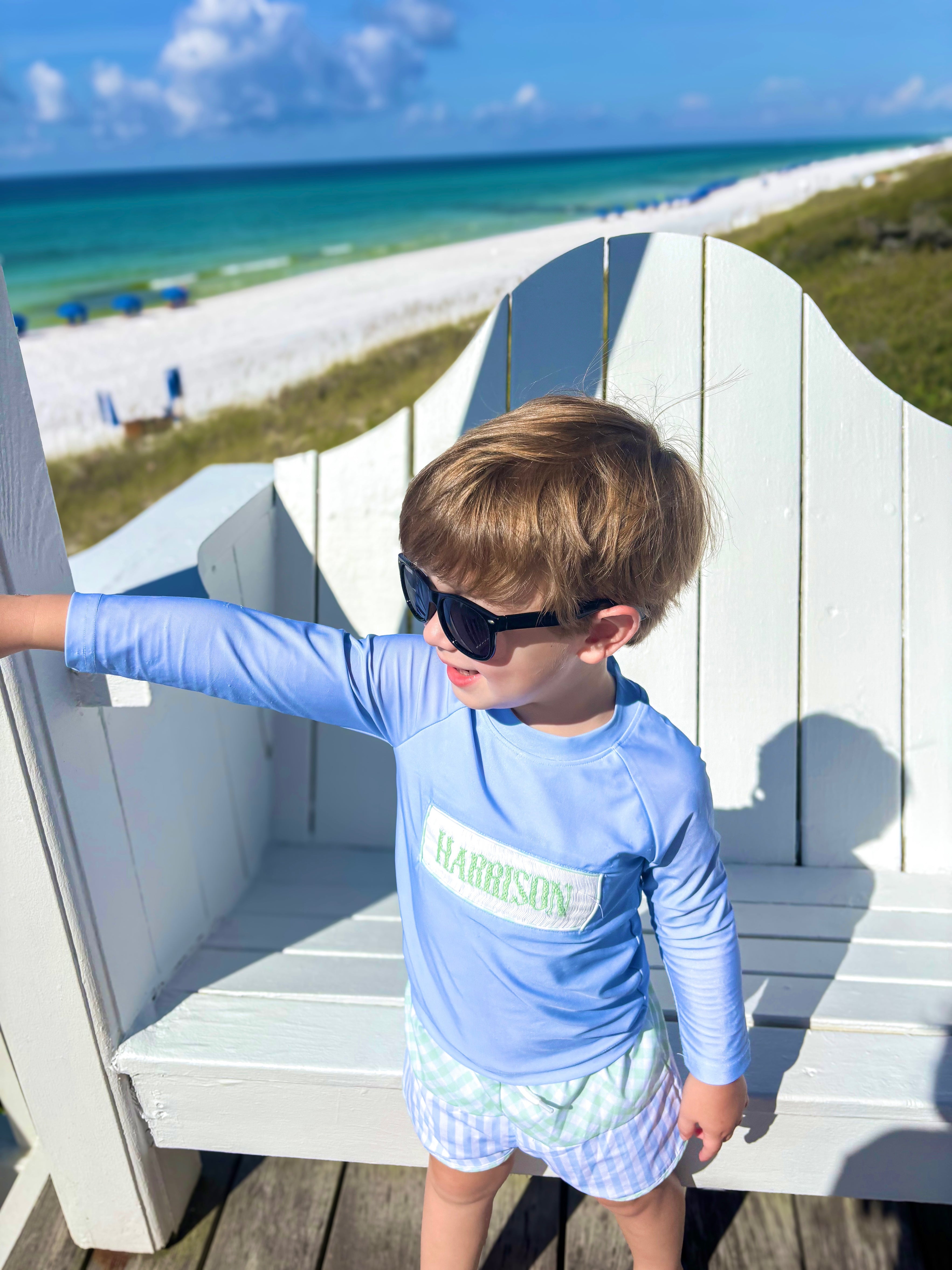 PRE ORDER Boys Name Smocked Striped Rash-guard 2 Piece Swimsuit UPF 50+ | ETA to LBS: March