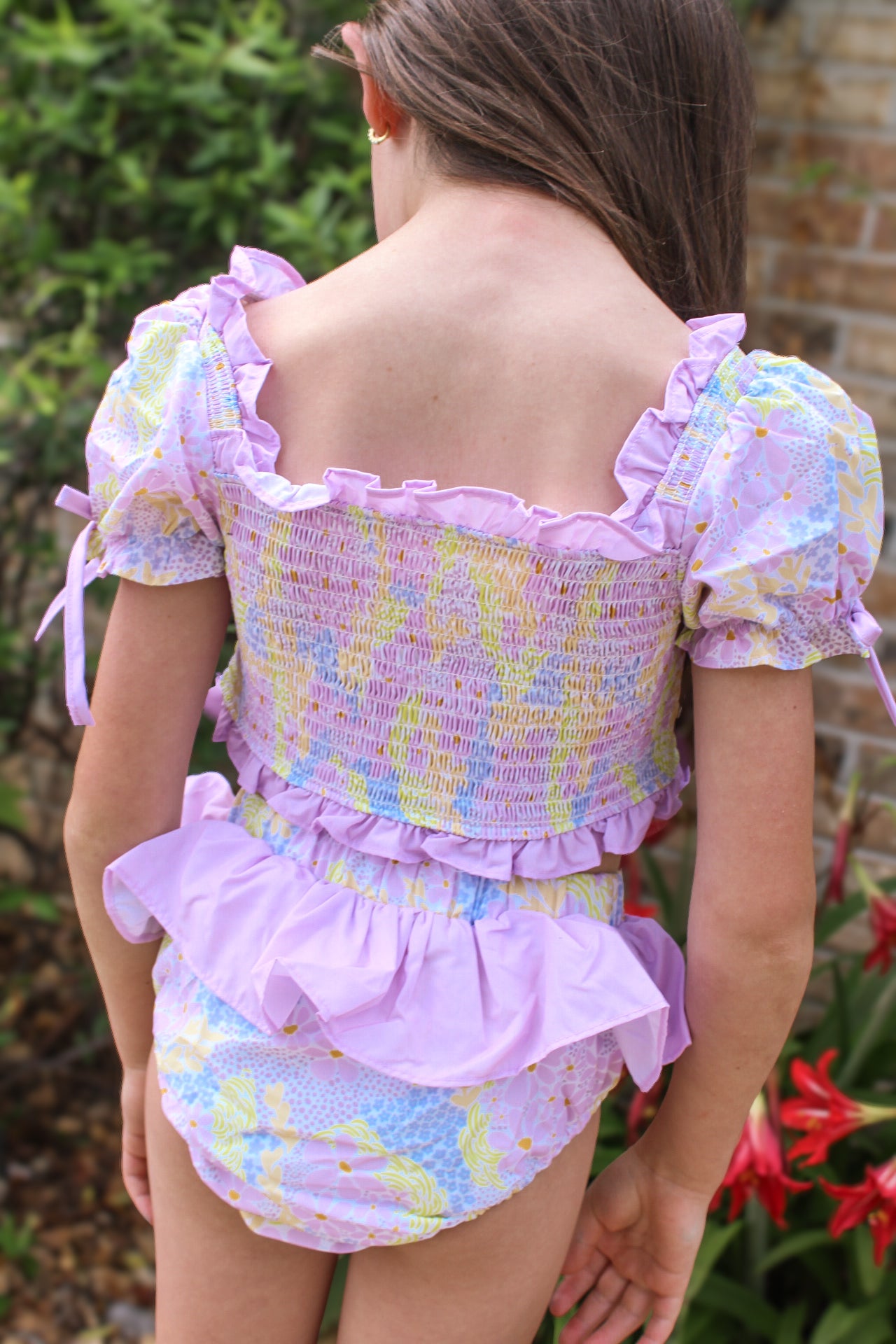 Girls Retro Floral 2 Piece Smocked Swimsuit