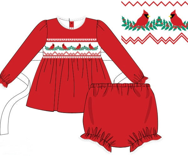 PRE ORDER Girls Smocked Christmas Cardinals Bloomer Set & Dress | ETA to LBS: OCTOBER