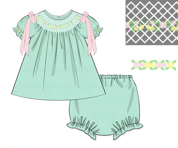 PRE ORDER Girls Smocked Mint Heirloom Garden Bloomer Set & Dress | ETA to LBS: FEBRUARY
