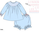 PRE ORDER Girls Custom Smock Blushing Blue Satin Bloomer Set & Dress | ETA to LBS: DECEMBER