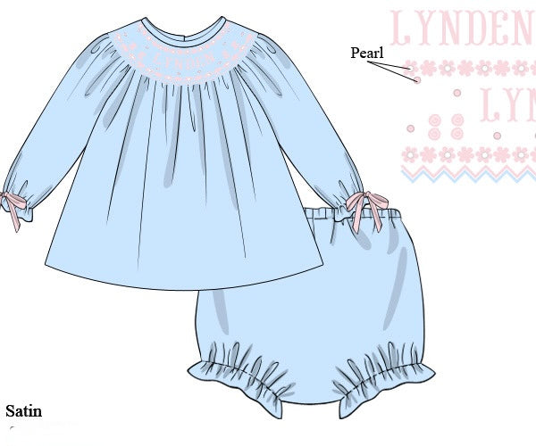 PRE ORDER Girls Custom Smock Blushing Blue Satin Bloomer Set & Dress | ETA to LBS: DECEMBER