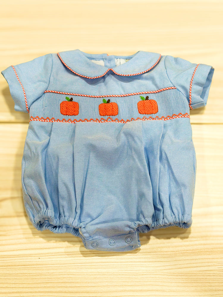 Boys Blue Oxford Smocked Pumpkin Bubble