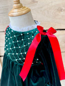 Girls Green Velvet Smocked Bubble