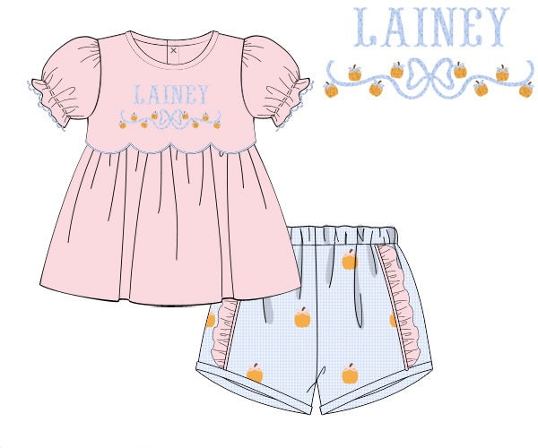PRE ORDER Girls Custom French Knot Bow-tiful Pumpkins Ruffle Short Set | ETA to LBS: SEPTEMBER