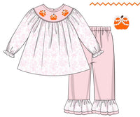 PRE ORDER Girls Smocked Pearl Bow Pumpkins Bubble Ruffle Pant Set | ETA to LBS: SEPTEMBER