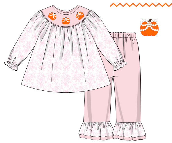 PRE ORDER Girls Smocked Pearl Bow Pumpkins Bubble Ruffle Pant Set | ETA to LBS: SEPTEMBER