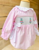 Girls Pastel Christmas Trees Smocked Corduroy Bubble