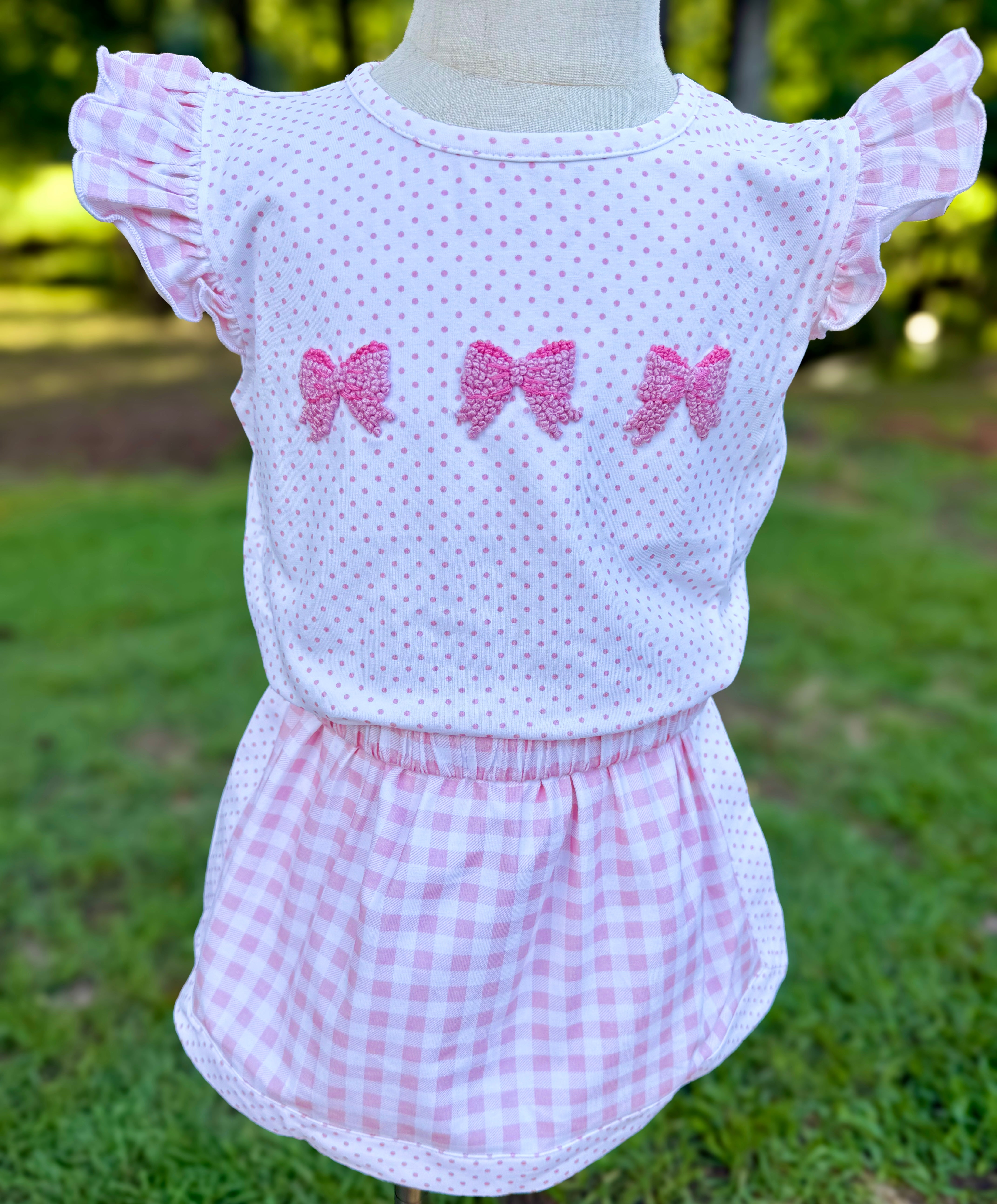 Girls Pink French Knot Bows Bitty Dot Skort Set