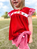 Red Smocked Footballs and Bows Tie Skort