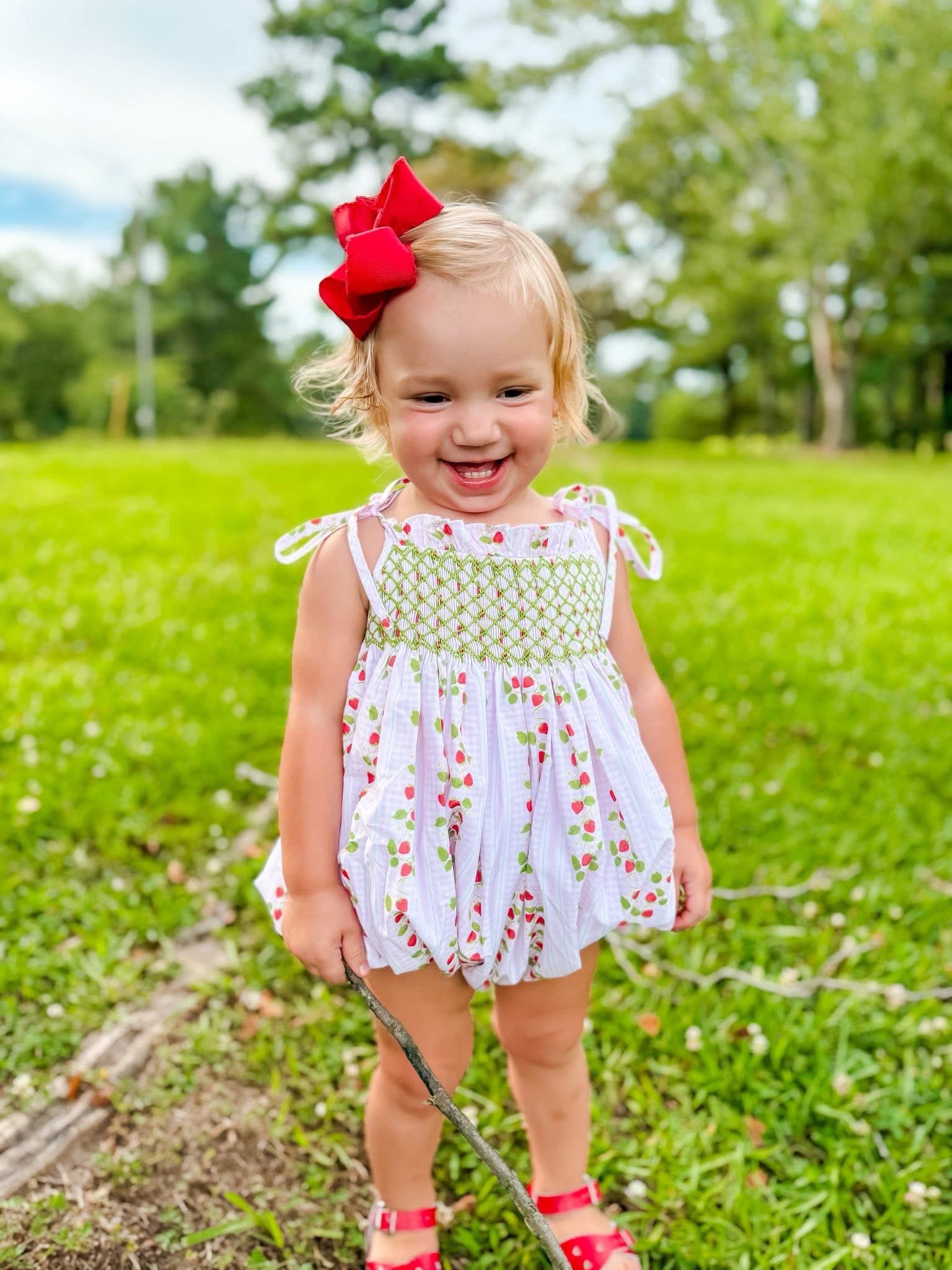 Girls Smocked Strawberry Print Bubble