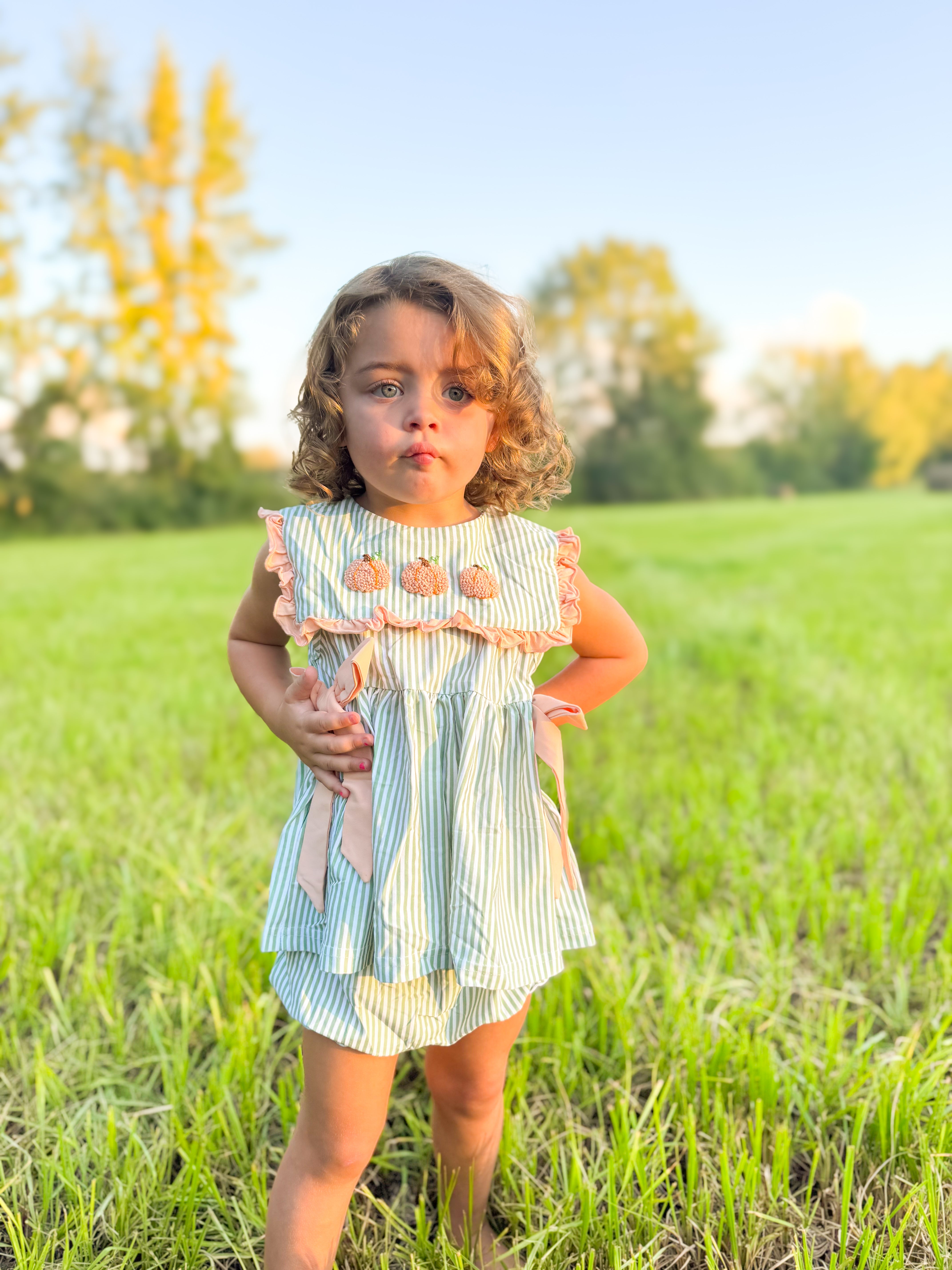 Girls French Knot Pumpkin Stripes Bloomer Set