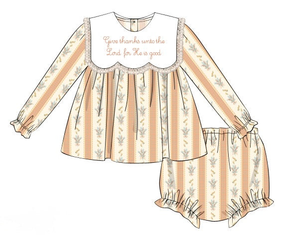 PRE ORDER Girls Embroidered  Give Thanks Bloomer Set & Dress | ETA to LBS: SEPTEMBER