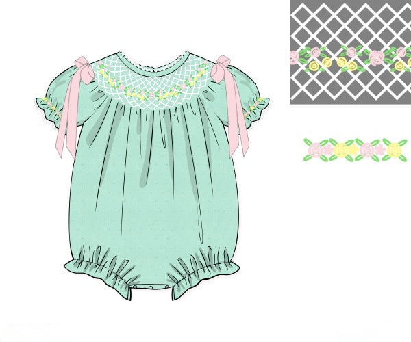 PRE ORDER Girls Smocked Mint Heirloom Garden Bubble | ETA to LBS: FEBRUARY