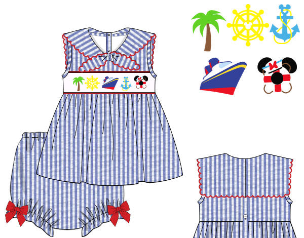 Girls Smocked Cruising Mouse Bloomer Set & Dress