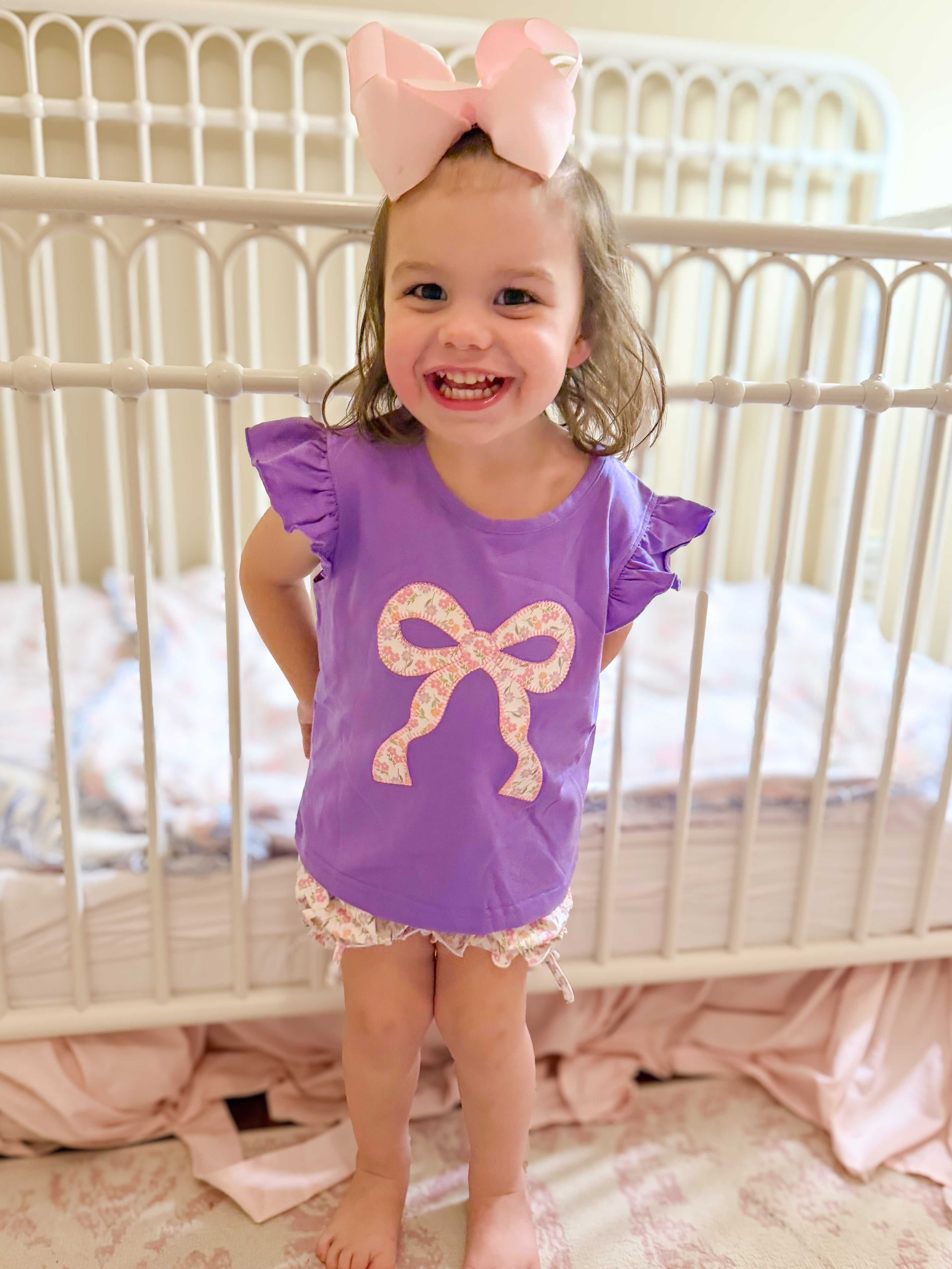Girls Appliqué 2-Tops Bubble Bloomer Shorts Set