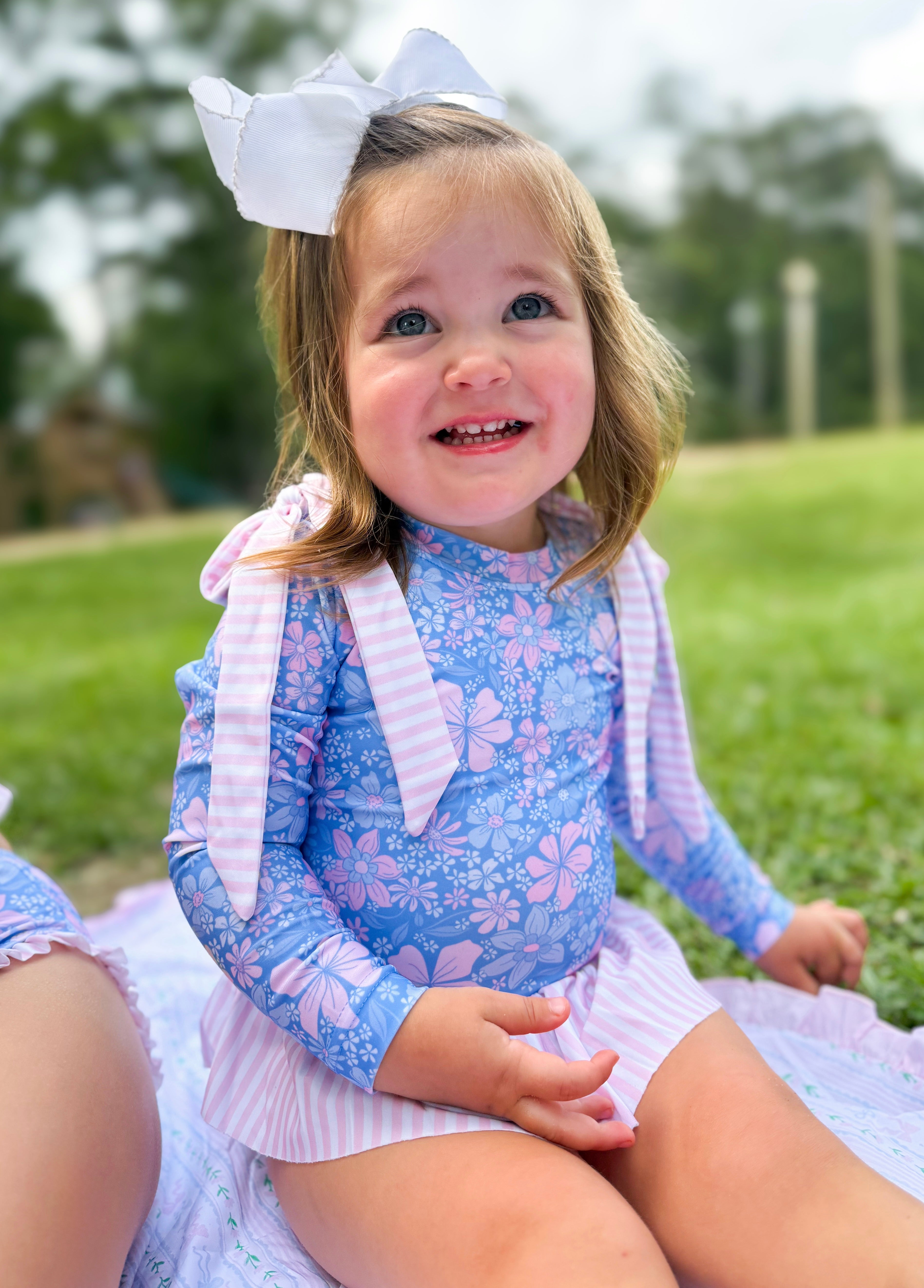 Girls Blooming Blues Long Sleeve Rashguard Swimsuit- UPF 50+