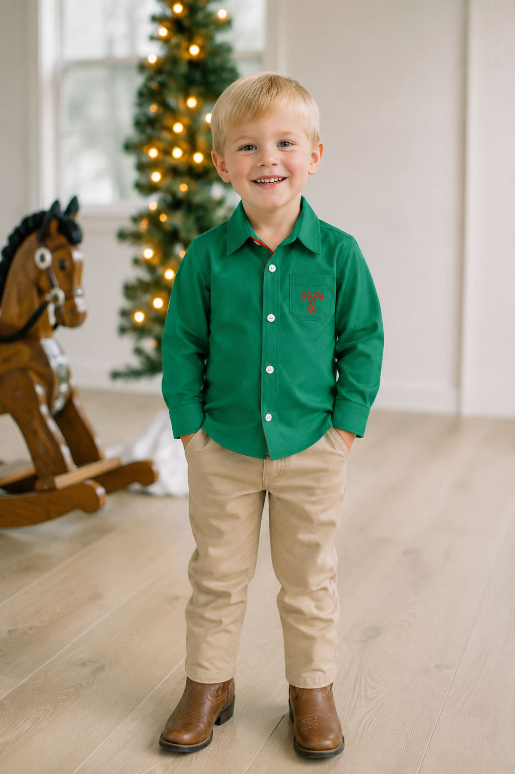 PRE ORDER Boys Hand Embroidered Candy Cane Corduroy Button Down | ETA to LBS: OCTOBER