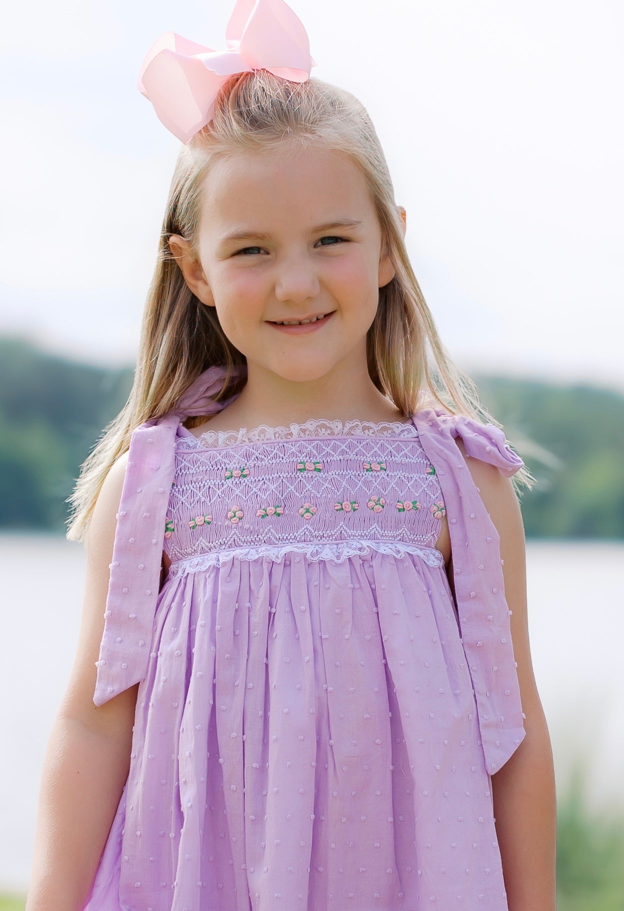 Girls Purple Swiss Dot Heirloom Smocked Dress
