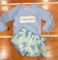 Smocked “CATCHIN WAVES” Boys 2 Piece Sea Turtle Swimsuit